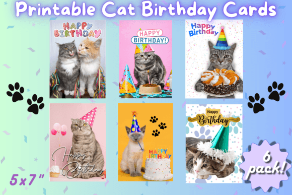 Download Printable Cat Birthday Card 6 Pack PNG's - Printable cat birthday Collection
